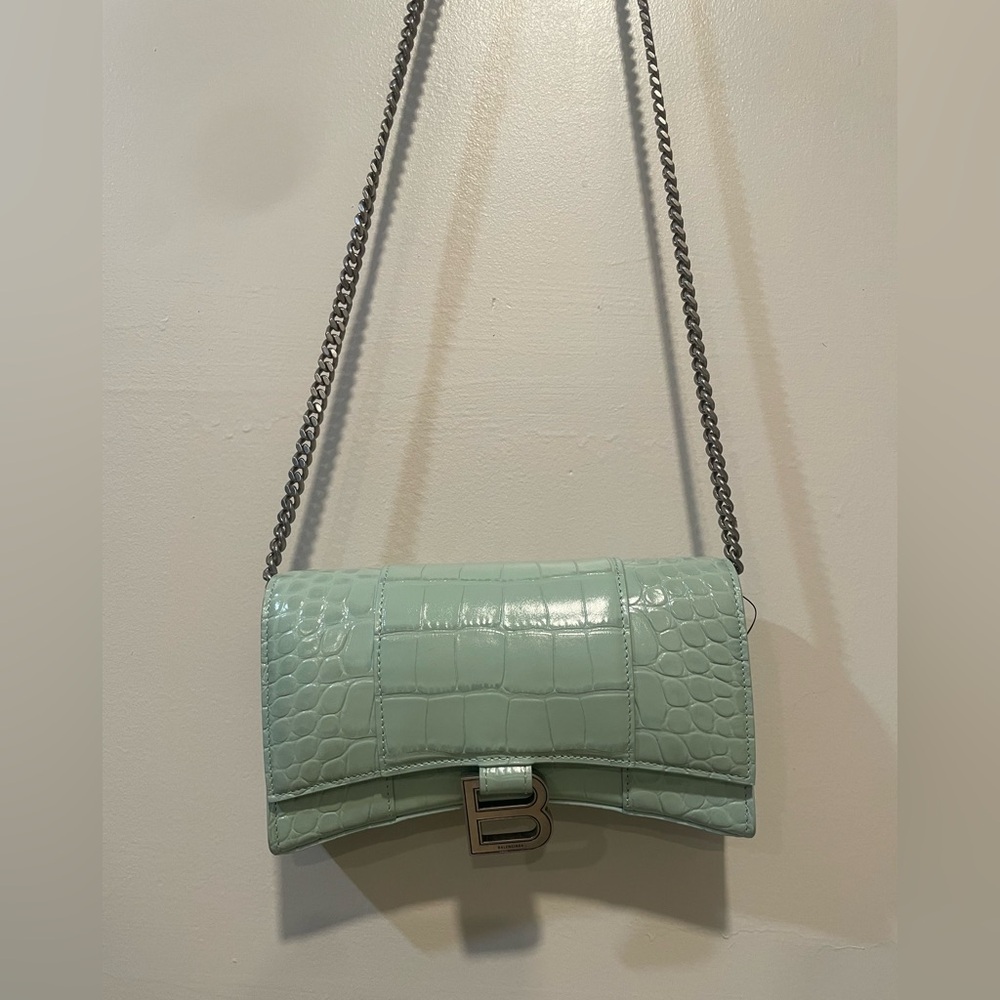 SOLD Balenciaga hourglass crocodile crossbody leather bag in green color